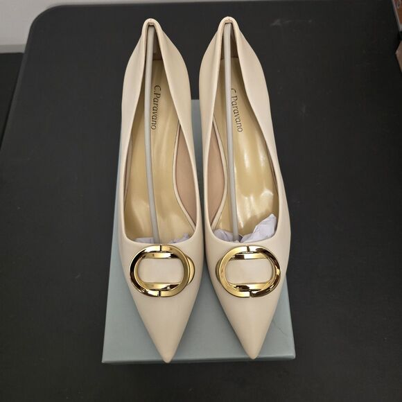 C.Paravano Women’s Stacked Metal Buckle Pumps EU 42 US 11.5 Pointed Toe - Picture 1 of 5